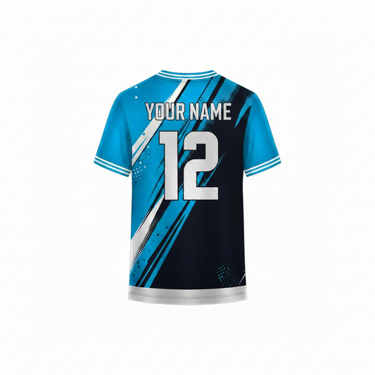 Blue and black custom sports jersey back view with diagonal stripe and halftone pattern design for cricket football volleyball and esports team uniforms by NextPrint