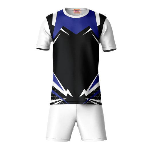 Blue black round neck sports t-shirt with white shorts co-ord set front view
