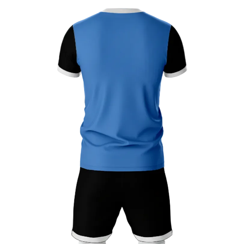 Premium blue black sportswear jersey and shorts set side angle view