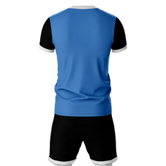 Premium blue black sportswear jersey and shorts set side angle view