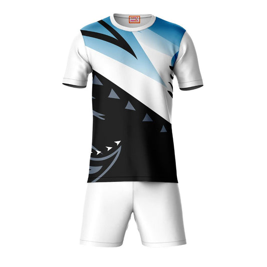 Blue black sports t-shirt with white shorts coord set front view for men
