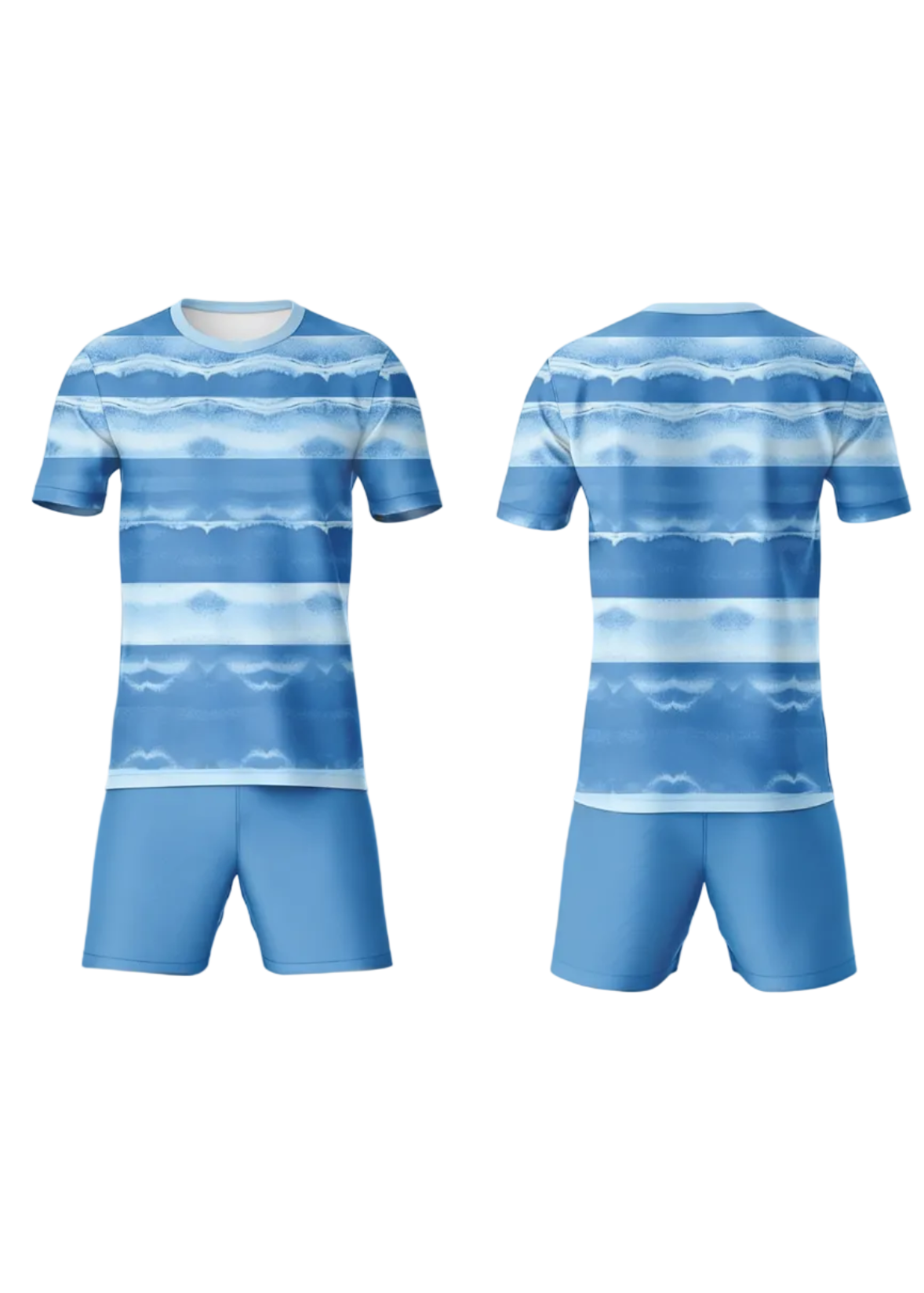 Light blue striped custom sports jersey with matching shorts for cricket, football and volleyball team uniform sublimation printing front and back view