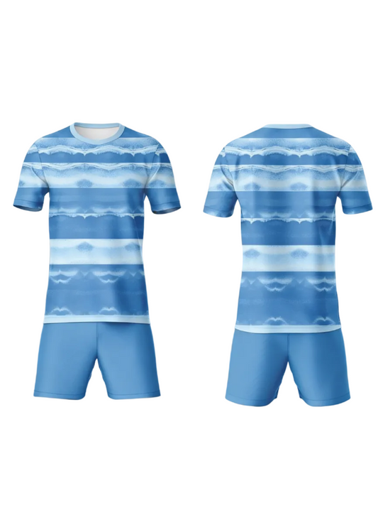 Light blue striped custom sports jersey with matching shorts for cricket, football and volleyball team uniform sublimation printing front and back view