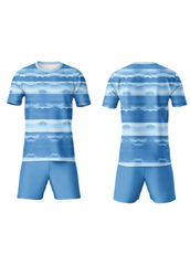 Light blue striped custom sports jersey with matching shorts for cricket, football and volleyball team uniform sublimation printing front and back view