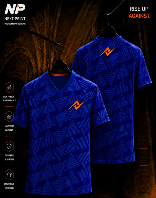 Blue geometric abstract sublimation V-neck sports jersey front and back by Next Print