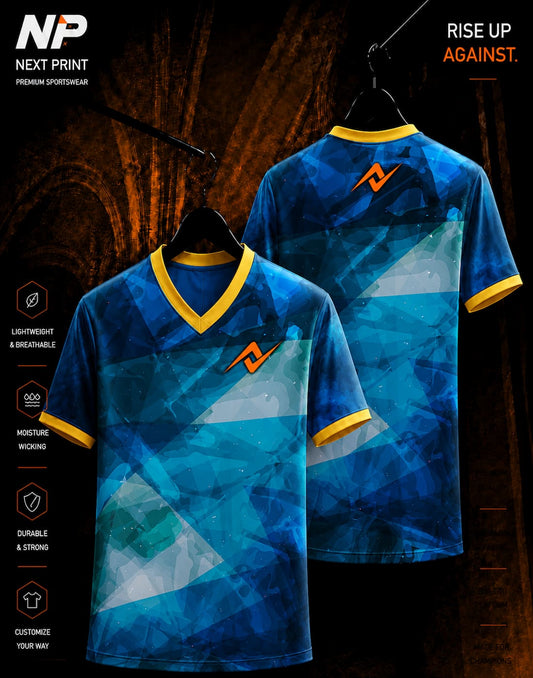 Blue geometric camo sublimation V-neck sports jersey with front and back view by Next Print