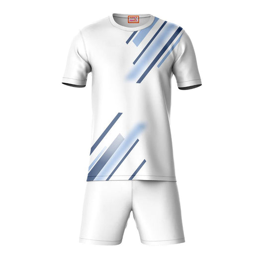 Blue geometric line pattern sports t-shirt with white shorts co-ord set front view