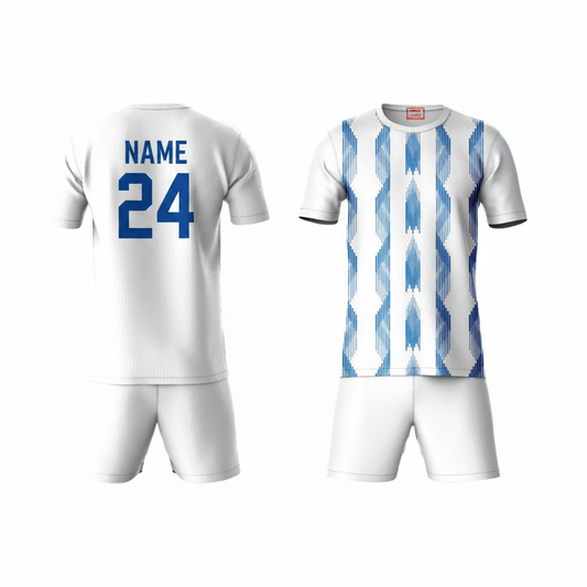 Blue geometric pattern activewear t-shirt with white shorts back view