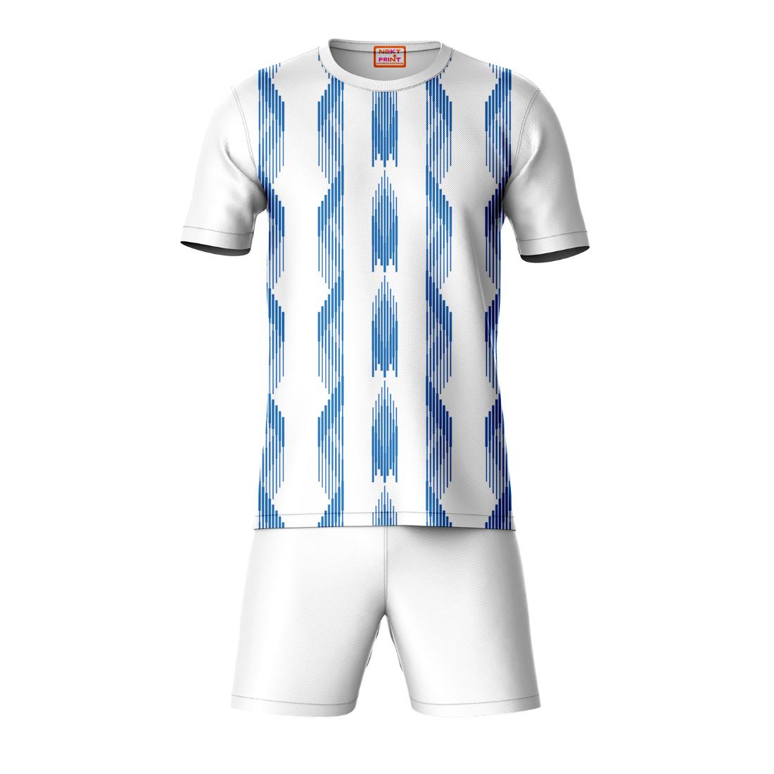 Blue geometric pattern sports t-shirt with white shorts co-ord set front view