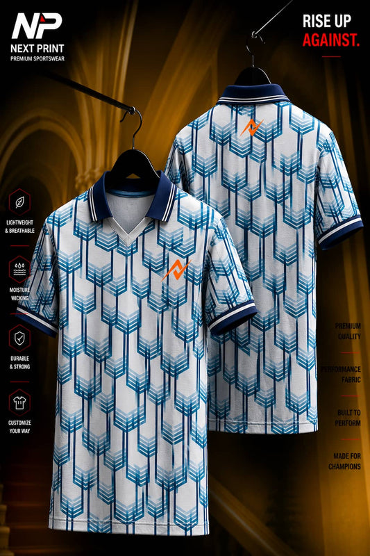 Front and back view of a white and blue geometric pattern polo sports jersey with premium dry-fit fabric and navy blue collar.