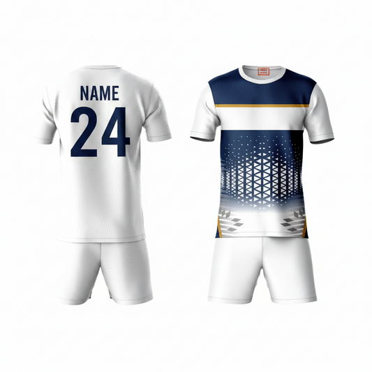 Blue gold pattern athletic sports t-shirt with white shorts back side view