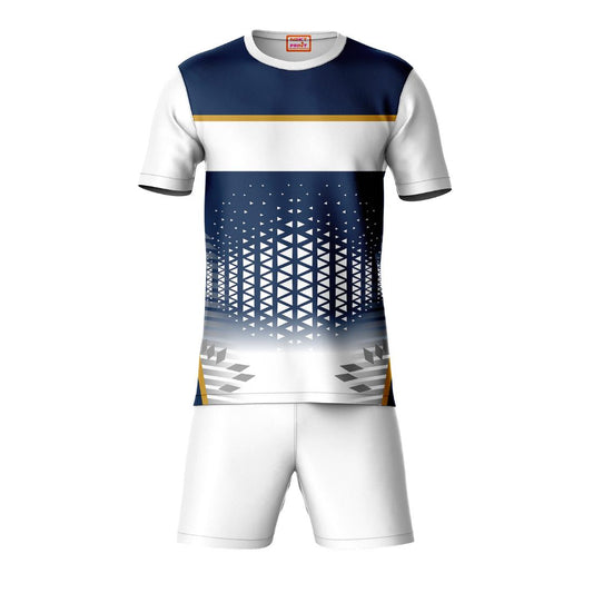 Blue gold pattern sports t-shirt with white shorts coord set front view for men