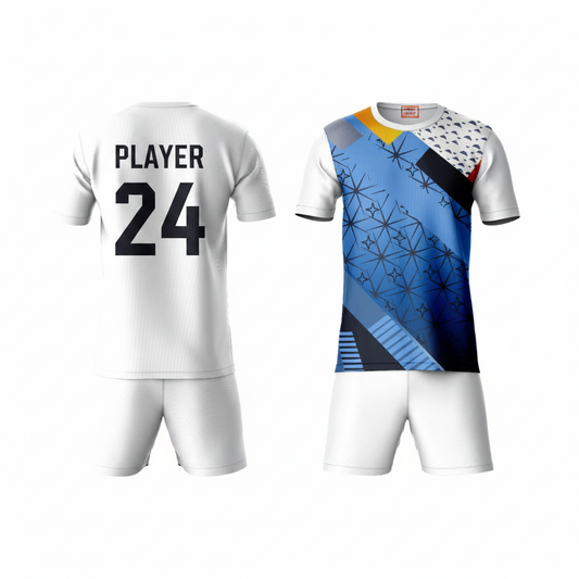 Blue graphic pattern activewear t-shirt with white shorts back view