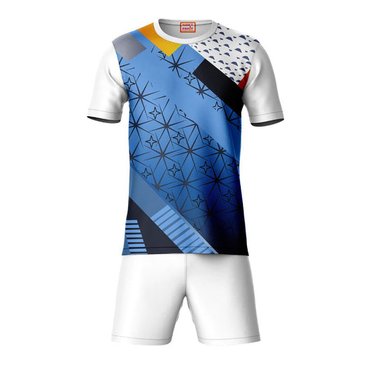 Blue graphic pattern sports t-shirt with white shorts co-ord set front view