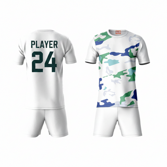 Blue green camouflage athletic sports t-shirt with white shorts back side view
