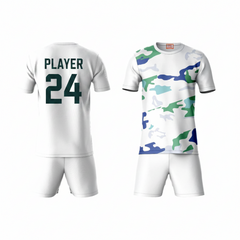Blue green camouflage athletic sports t-shirt with white shorts back side view