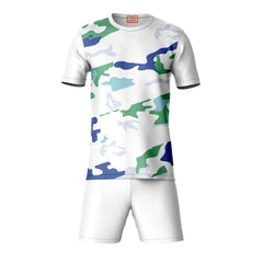 Blue green camouflage sports t-shirt with white shorts coord set front view for men