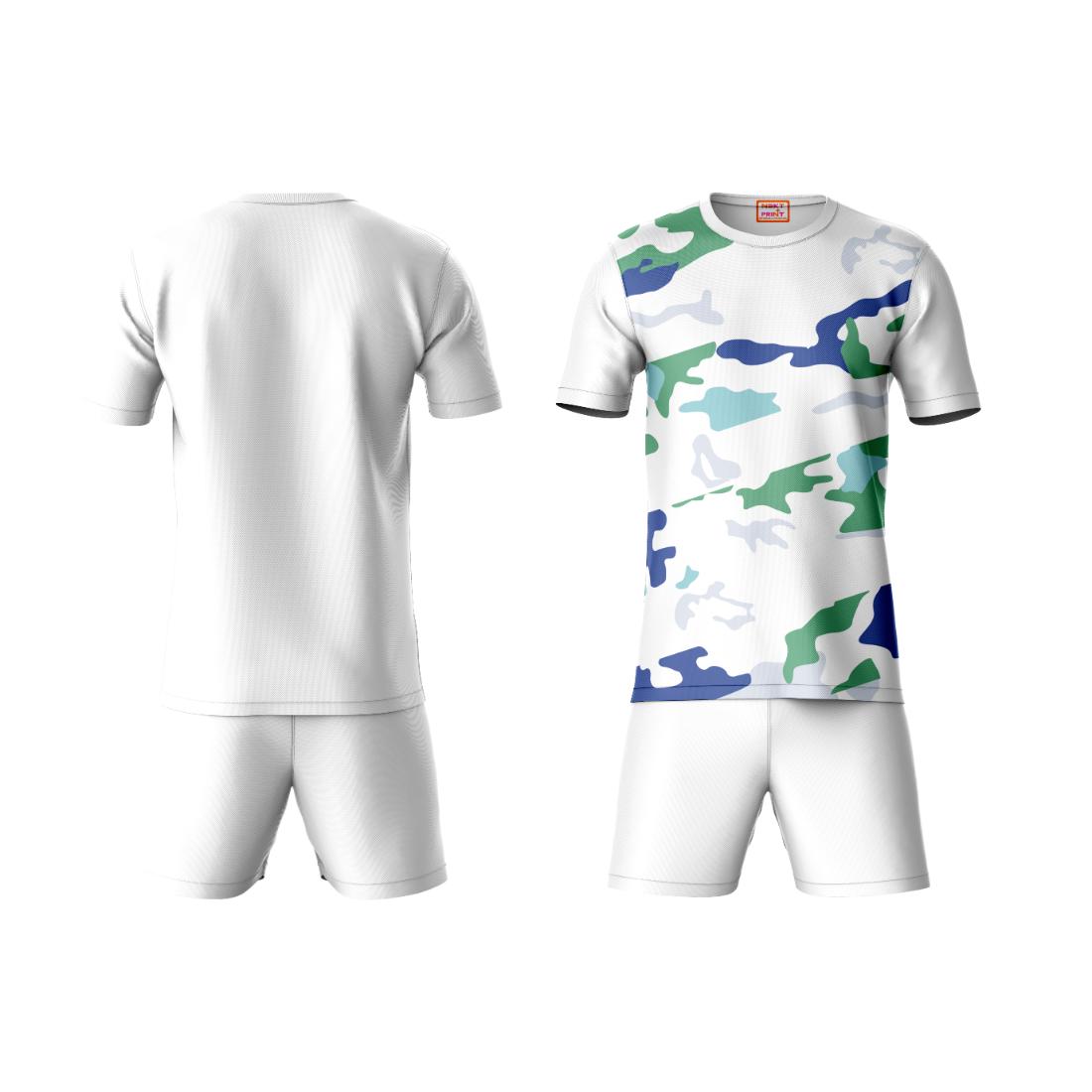 Premium blue green camouflage sportswear coord set with white shorts side angle view