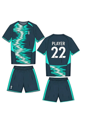 Blue and green football jersey with matching shorts front and back view custom sports team kit with abstract lightning pattern