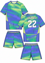 Blue and green gradient sports jersey with matching shorts front and back view custom football cricket and training team uniform