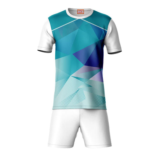 Blue green sports t-shirt with white shorts co-ord set front view
