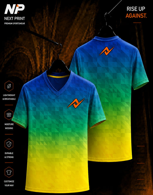 Blue green yellow geometric gradient sublimation V-neck sports jersey front and back by Next Print