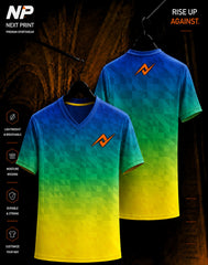 Blue green yellow geometric gradient sublimation V-neck sports jersey front and back by Next Print