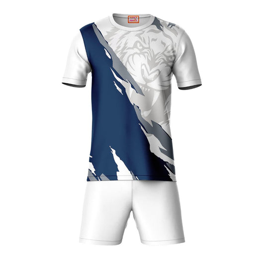 Blue grey round neck sports t-shirt with white shorts co-ord set front view