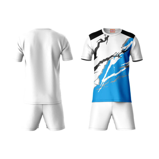 Blue grey sports t-shirt with white shorts co-ord set front view