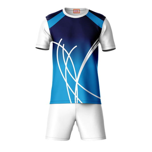 Blue grey stripe sports t-shirt with white shorts co-ord set front view