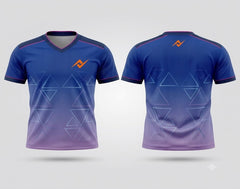 Front and back view of a blue and lavender gradient V-neck cricket jersey featuring subtle geometric triangle graphics with orange chest and back logos.