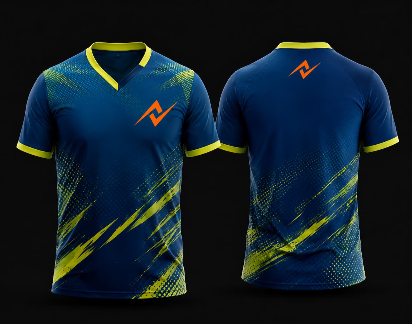 Front and back view of a blue and lime green custom V-neck cricket jersey featuring dynamic brushstroke graphics and a custom team logo.
