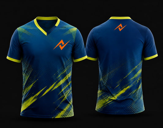 Front and back view of a blue and lime green custom V-neck cricket jersey featuring dynamic brushstroke graphics and a custom team logo.