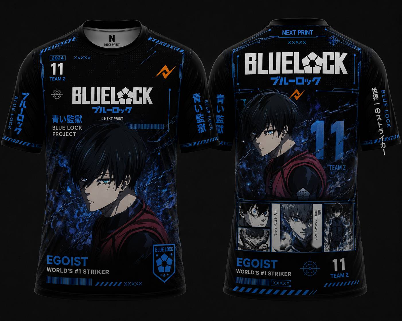 Front and back view of a Blue Lock inspired black and electric blue round neck anime jersey featuring cyber graphics, Japanese typography, manga artwork, and premium sublimation print with Team Z and Egoist styling