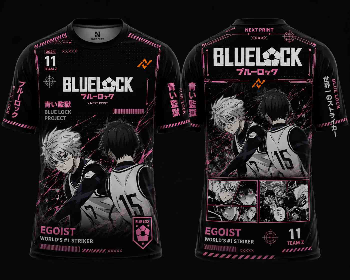 Black round neck anime streetwear jersey featuring Blue Lock-inspired artwork with neon pink cyber graphics, Japanese typography, orange chest logo, front and back mockup, and premium esports performance design