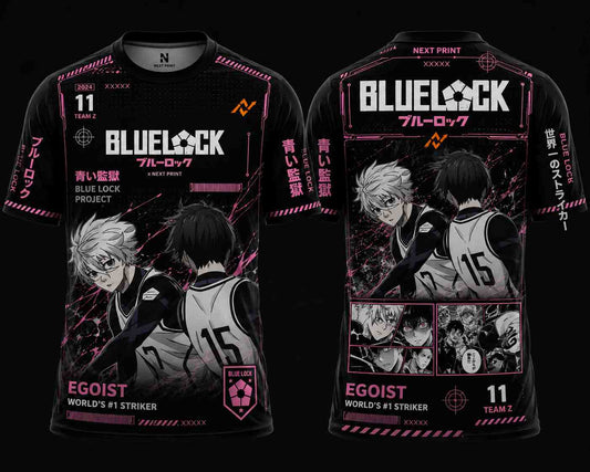 Black round neck anime streetwear jersey featuring Blue Lock-inspired artwork with neon pink cyber graphics, Japanese typography, orange chest logo, front and back mockup, and premium esports performance design