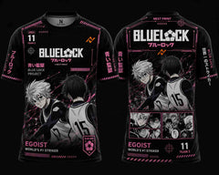 Black round neck anime streetwear jersey featuring Blue Lock-inspired artwork with neon pink cyber graphics, Japanese typography, orange chest logo, front and back mockup, and premium esports performance design