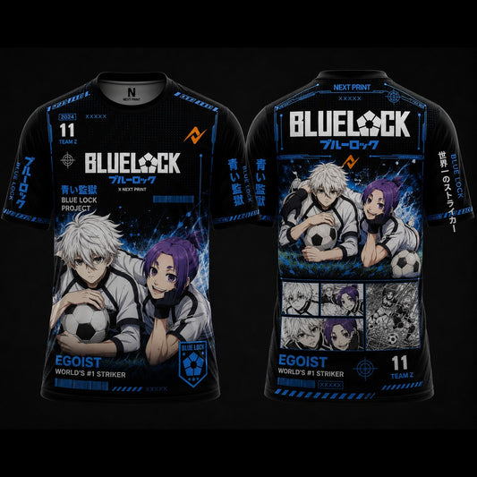 Front and back view of a Blue Lock duo inspired black round neck jersey featuring electric blue cyber graphics, Japanese typography, anime character artwork, and premium sublimation print