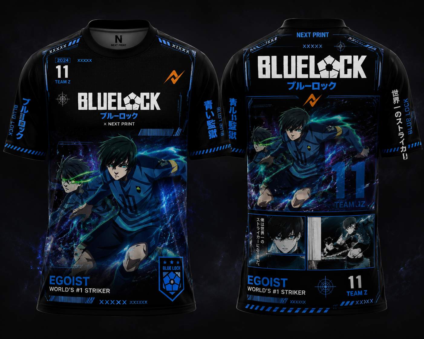 Front and back mockup of a black Blue Lock-inspired anime round neck jersey featuring electric blue cyber graphics, manga artwork, Japanese typography, orange logo accents, and premium esports streetwear styling