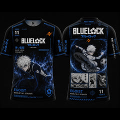 Blue Lock-inspired black anime jersey featuring Hyoma Chigiri artwork with electric blue cyber graphics, front and back views, round neck sports shirt design