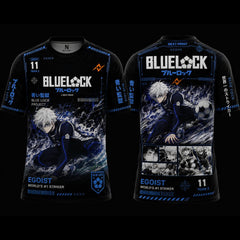 Front and back view of a Blue Lock-inspired black anime jersey featuring electric blue accents, dynamic soccer-themed character artwork, cyber graphics, and premium sublimation print