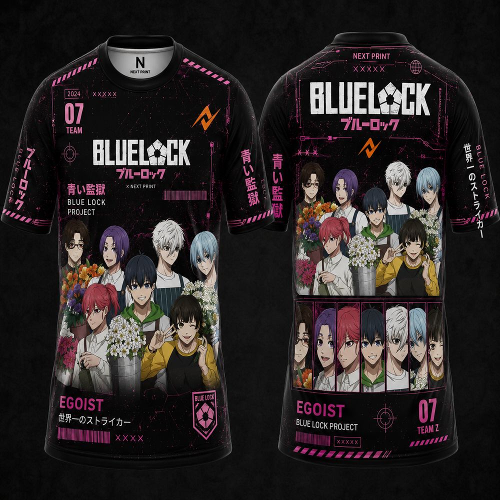 Blue Lock Flower Shop Team anime jersey in black and pink featuring group character artwork with floral design, premium sublimation sports t-shirt front and back view