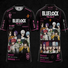 Blue Lock Flower Shop Team anime jersey in black and pink featuring group character artwork with floral design, premium sublimation sports t-shirt front and back view