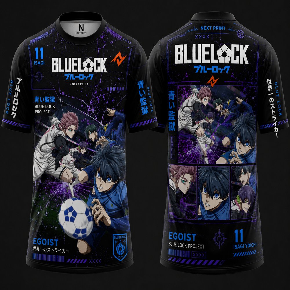 Blue Lock Isagi Yoichi anime football jersey in black with purple accents featuring front and back sublimation artwork, premium round neck sports T-shirt for anime fans and football enthusiasts
