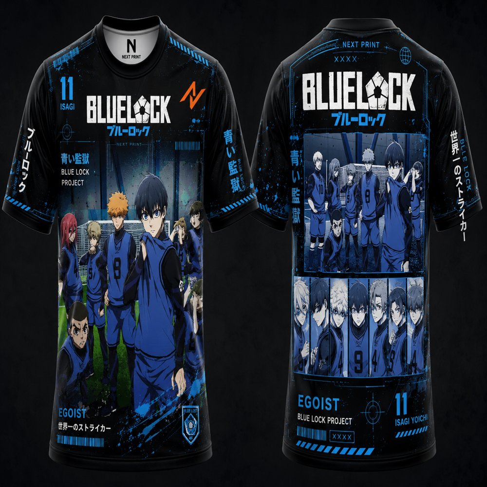 Blue Lock Team Z Isagi Yoichi anime football jersey in black and blue featuring Team Z characters with front and back premium sublimation print design