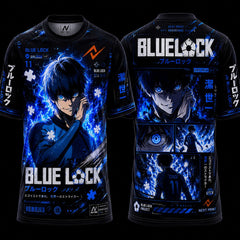 Blue Lock Isagi Yoichi electric blue anime football jersey with black and blue design featuring front and back character artwork on a premium round neck sports T-shirt