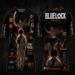 Blue Lock Isagi Yoichi Predator Orange Edition black anime round neck sublimation jersey front and back with Japanese typography and Next Print orange logo