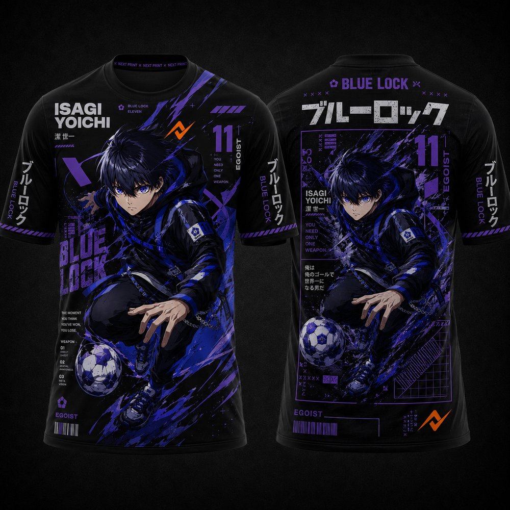 Blue Lock Isagi Yoichi Purple Cyber Anime Round Neck Jersey Front and Back Premium Sublimation Sports T-Shirt by Next Print