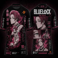 Blue Lock Itoshi Sae pink anime round neck sublimation jersey featuring front and back manga artwork with Japanese typography on black premium sports t-shirt