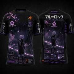Blue Lock Kaiser anime round neck black and purple sublimation sports jersey front and back design by Next Print featuring Japanese typography and cyber streetwear artwork